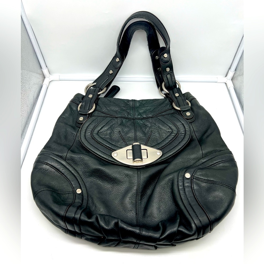 B. MAKOWSKY Dark Green Pebbled Leather Double Top Handle Hobo Shoulder Bag